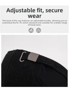 Detail of adjustable metal slider on black wool blend baseball cap for custom fit