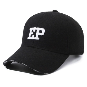 Winter wool baseball cap for men featuring black fabric and white EP letter embroidery