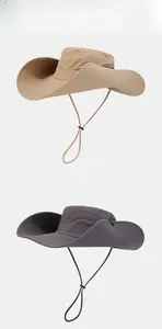 Detail view of khaki and grey waterproof cowboy hats with mesh vents and windproof cord