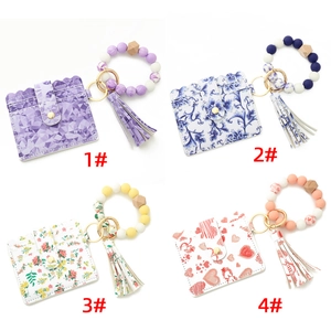 Silicone bead keychain bracelet set with card holder wallet and tassel in 4 floral patterns