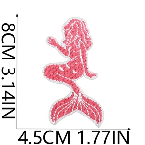 Pink mermaid tail embroidered patch with white edges and precise size measurements