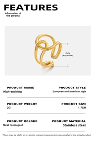 Detail specifications of 18K gold plated stainless steel adjustable ring with dimensions