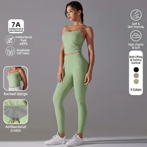 Ensemble De Yoga Antibactérien Pour Femmes Nylon Élasthanne Leggings Taille Haute Brassière Sport Dos Croisé Haut Et Bas
