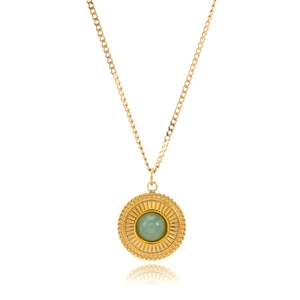 Vintage Bohemian gold-plated necklace with a round green aventurine pendant on white background