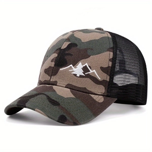 Breathable mesh baseball cap with camouflage pattern and pine mountain embroidery