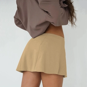 Rear view of khaki mini skirt and brown cardigan set for women on white background