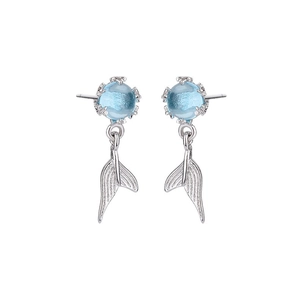 925 silver mermaid tail earrings with light blue translucent bubble and detailed texture