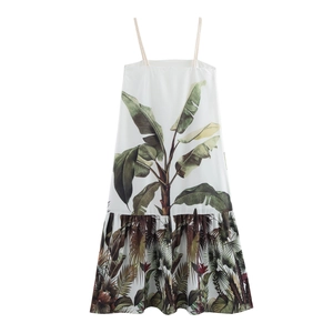 Women's tropical banana leaf print maxi dress with woven rope straps and A-line silhouette