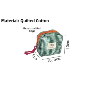 Detail of green checkered quilted cotton bag with orange zipper and pink cord pull