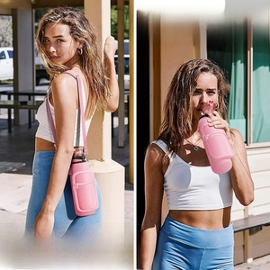 Pink insulated water bottle carrier with adjustable shoulder strap for outdoor activities