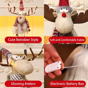 Luminous Christmas reindeer plush doll with LED glowing antlers and festive red knit hat