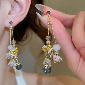 Geometric Flower Drop Earrings With 925 Sterling Silver Earring Post Copper Glass Rhinestone Long Tassel Jewelry For Women