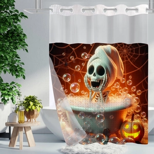 Dettaglio della tenda da doccia Halloween con simpatico scheletro, zucche e ragnatele