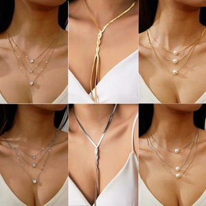 Fashion Layered Snake Chain Necklace For Women Gold Silver Plated Artificial Pearl Heart Evil Eye Pendant Necklace Jewelry