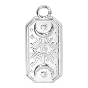 Detailed macro of silver octagonal pendant with evil eye and crescent moon relief