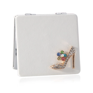 Mini PU leather portable makeup mirror with rhinestone high heel pattern and metal hinge