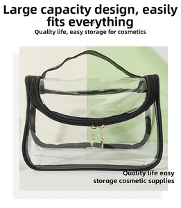 Detail of clear travel toiletry bag with black trim and dual metal zippers