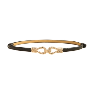 Slim black leather belt for women with elegant gold braided twist buckle for dresses