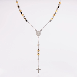 Detail view of silver rosary necklace with square beads, Saint Benedict medal and cross