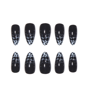 Almond shaped black leopard pattern press-on nails with glossy gradient finish