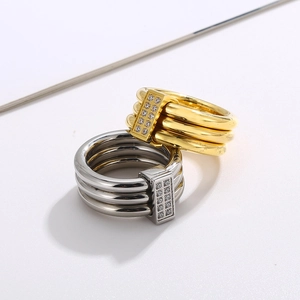 Three-band 18k gold and silver stainless steel rings with sparkling CNC pavé zircons