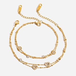 Bracciali a doppio strato in acciaio inossidabile dorato con pendenti a cuore e zirconi