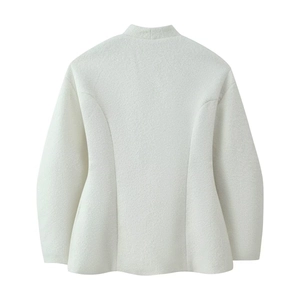 Women's white thick wool coat with high collar and cinched waist, stylish back view