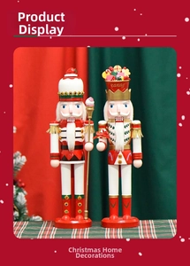 Detail of colorful wooden nutcracker soldiers with candy crown and golden scepter