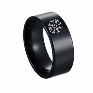 8mm black stainless steel ring with white Viking Vegvisir compass laser engraving
