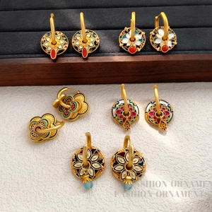New Chinese style painted enamel earrings with vintage gold finish and agate beads