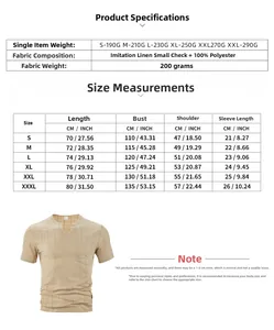 Detailed size guide table for men's V-neck polyester linen-textured short sleeve shirt