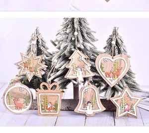 Detailed group view of assorted wooden Christmas tree ornaments with festive deer and snowmen