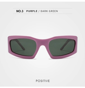 Front view of Y2K cyberpunk sunglasses featuring purple frames and dark green lenses