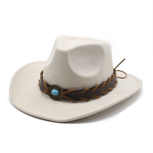 Detail of western cowboy hat featuring woven brown leather band and turquoise stone accent