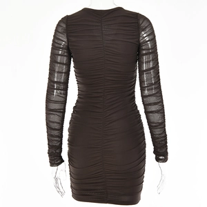 Detailed back view of a black mesh mini dress featuring sheer long sleeves and ruched texture