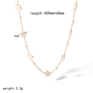 Elegant gold chain necklace featuring white star beads and small pearls on a white background