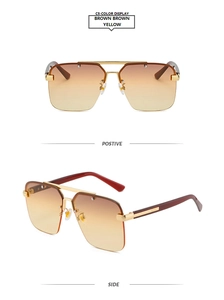 Detail view of semi-rimless square sunglasses with gold double bridge and brown lenses