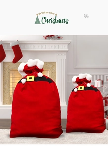 Detail view of red velvet Christmas gift bags in large and medium sizes by the fireplace