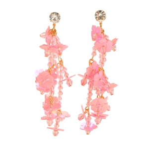 Pink seed bead flower tassel earrings with crystals for a bohemian summer vacation style