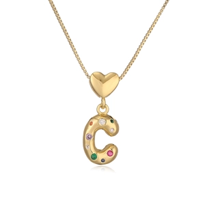 Detail of 18K gold-plated box chain necklace featuring a heart and crystal letter C pendant