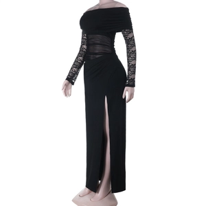 Detail of black off-shoulder mesh dress featuring side slit and lace long sleeves