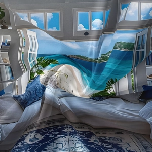 Detail showing the smooth polyester fabric texture and 3D tropical beach window print