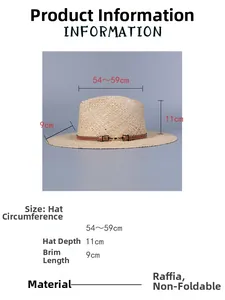 Size chart for raffia sun hat with 9cm brim and 54-59cm circumference details