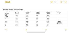 Detailed size chart for the brown cropped leather jacket showing measurements in centimeters