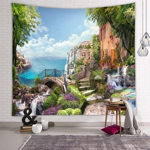 Detailed close-up of a large Mediterranean waterfall landscape tapestry on a white brick wall