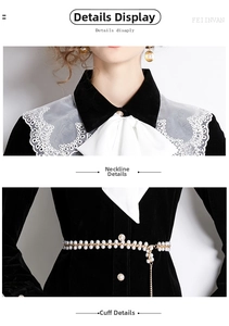 Detail von besticktem Spitzenkragen und Schleife am schwarzen Samtkleid für Damen