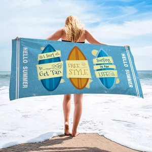 Blue microfiber beach towel with surfboards print and Hello Summer text for adults