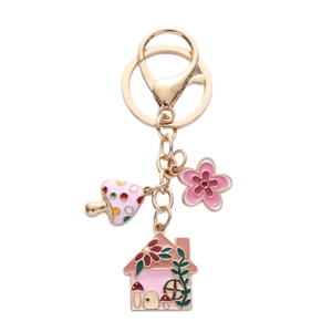 Cute pink enamel house and mushroom keychain with gold alloy rings and flower charm