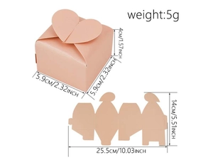 Pink heart-shaped candy box size guide with 3D assembly and 2D flat layout dimensions