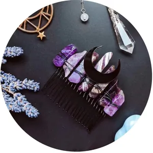 Handmade black moon hair comb with raw purple amethyst crystals for bohemian bridal style